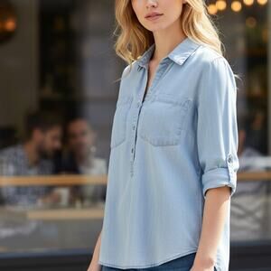 VELVET HEART Light Blue Tencel Chambray Roll Tab Sleeve Tunic Top - Small